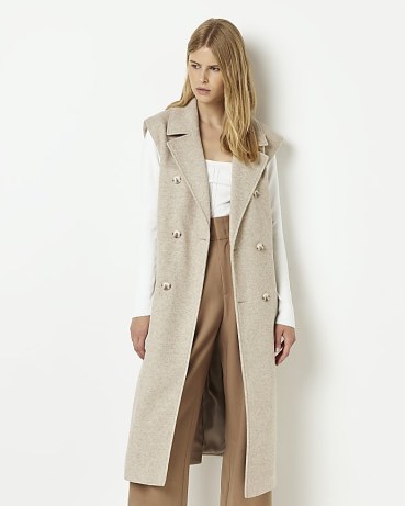 RIVER ISLAND BROWN DOUBLE BREASTED SLEEVELESS COAT ~ autumn neutral-tone coats ~ layering outerwear - flipped