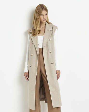 RIVER ISLAND BROWN DOUBLE BREASTED SLEEVELESS COAT ~ autumn neutral-tone coats ~ layering outerwear