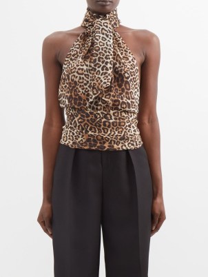 ALEXANDRE VAUTHIER Halterneck leopard-print silk-chiffon top in brown / glamorous open back halter neck tops / evening fashion with animal prints / MATCHESFASHION - flipped