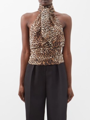 ALEXANDRE VAUTHIER Halterneck leopard-print silk-chiffon top in brown / glamorous open back halter neck tops / evening fashion with animal prints / MATCHESFASHION
