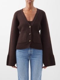 KHAITE Scarlet flared-sleeve cashmere cardigan in brown ~ women’s button front flared sleeved cardigans ~ MATCHESFASHION knitwear
