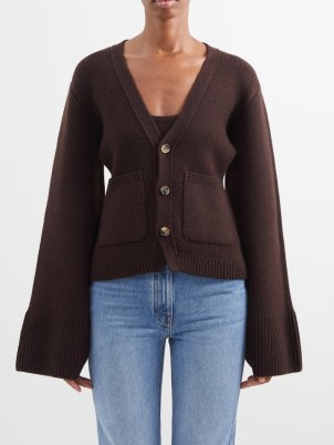 KHAITE Scarlet flared-sleeve cashmere cardigan in brown ~ women’s button front flared sleeved cardigans ~ MATCHESFASHION knitwear - flipped
