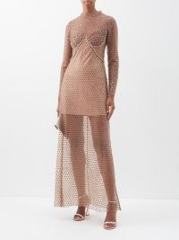 SELF-PORTRAIT Sequinned and crystal-embellished mesh maxi dress in brown ~ luxe glittering sheer overlay occasion dresses ~ shimmering bustier cup event fashion ~ glamorous evening clothes covered in crystals