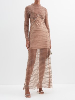 SELF-PORTRAIT Sequinned and crystal-embellished mesh maxi dress in brown ~ luxe glittering sheer overlay occasion dresses ~ shimmering bustier cup event fashion ~ glamorous evening clothes covered in crystals - flipped