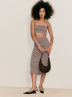 Reformation Callista Knit Two Piece in Brown Check / women’s checked fashion sets / strappy crop top and midi skirt co-ord / womens clothing co-ords - flipped