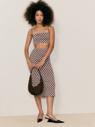 Reformation Callista Knit Two Piece in Brown Check / women’s checked fashion sets / strappy crop top and midi skirt co-ord / womens clothing co-ords
