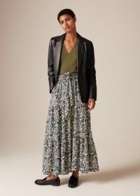 ME and EM Camouflage Floral Print Tiered Maxi Skirt + Belt in Blue/Olive/Black/Cream | long length tier hem skirts with tie waist