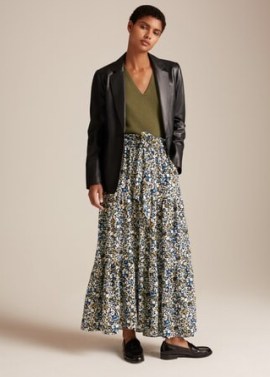 ME and EM Camouflage Floral Print Tiered Maxi Skirt + Belt in Blue/Olive/Black/Cream | long length tier hem skirts with tie waist - flipped