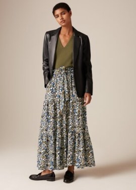 ME and EM Camouflage Floral Print Tiered Maxi Skirt + Belt in Blue/Olive/Black/Cream | long length tier hem skirts with tie waist