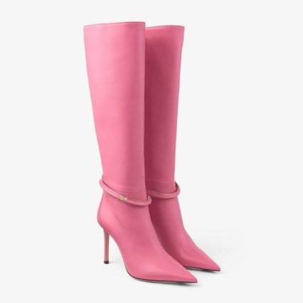 Jimmy Choo Dreece KB 95 Candy Pink Nappa Leather Knee Boots ~ luxe designer footwear ~ pointed toe ~ stiletto heel ~ side zip fastening - flipped