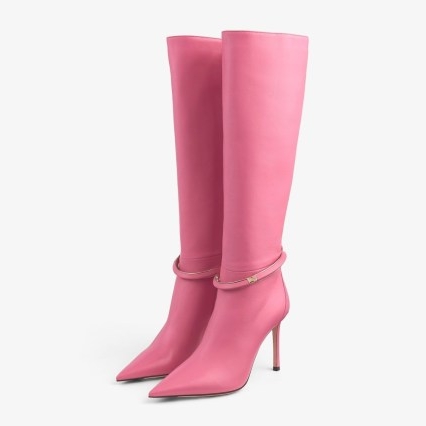 Jimmy Choo Dreece KB 95 Candy Pink Nappa Leather Knee Boots ~ luxe designer footwear ~ pointed toe ~ stiletto heel ~ side zip fastening