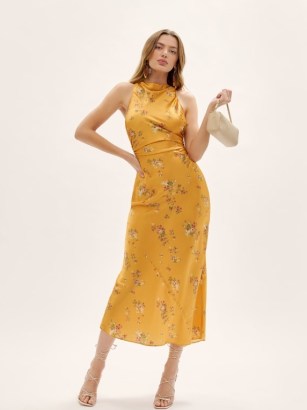 Reformation Casette Silk Dress in Sancerre / chic floral print crisscross back midi dresses / yellow sleeveless high cowl neck occasion frock - flipped