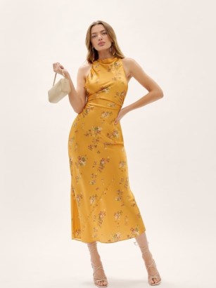 Reformation Casette Silk Dress in Sancerre / chic floral print crisscross back midi dresses / yellow sleeveless high cowl neck occasion frock