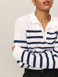 Reformation Cashmere Polo Sweater Navy/Gossamer Stripe | women’s luxe striped sweaters | collared pullover knits | womens white and dark blue collar detail jumpers