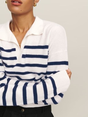 Reformation Cashmere Polo Sweater Navy/Gossamer Stripe | women’s luxe striped sweaters | collared pullover knits | womens white and dark blue collar detail jumpers - flipped