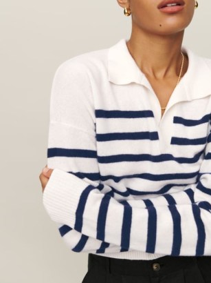 Reformation Cashmere Polo Sweater Navy/Gossamer Stripe | women’s luxe striped sweaters | collared pullover knits | womens white and dark blue collar detail jumpers