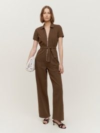 Reformation Cassidy Denim Jumpsuit in Chocolate ~ dark brown front zip up jumpsuits ~ tie waist ~ short sleeved ~ casual utility style fashion