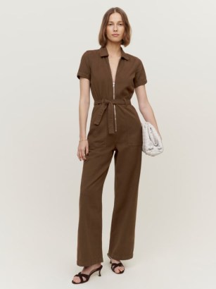 Reformation Cassidy Denim Jumpsuit in Chocolate ~ dark brown front zip up jumpsuits ~ tie waist ~ short sleeved ~ casual utility style fashion - flipped