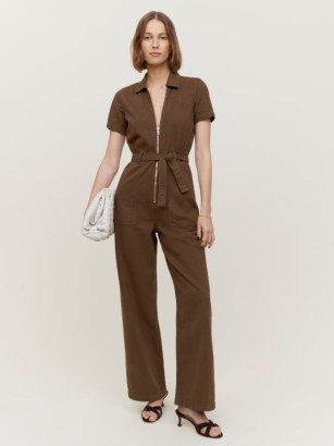 Reformation Cassidy Denim Jumpsuit in Chocolate ~ dark brown front zip up jumpsuits ~ tie waist ~ short sleeved ~ casual utility style fashion