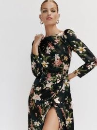 Reformation Cassis Silk Dress in Magnifica / floral long sleeved occasion dresses with self-tie wrap skirt / sophisticated glamour