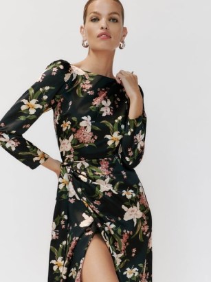 Reformation Cassis Silk Dress in Magnifica / floral long sleeved occasion dresses with self-tie wrap skirt / sophisticated glamour - flipped