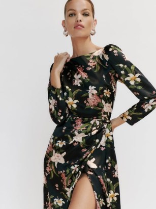 Reformation Cassis Silk Dress in Magnifica / floral long sleeved occasion dresses with self-tie wrap skirt / sophisticated glamour