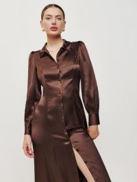 Reformation Catalina Silk Dress in Cafe ~ luxe brown fluid fabric shirts dresses