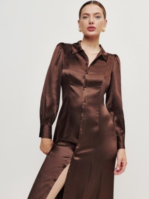 Reformation Catalina Silk Dress in Cafe ~ luxe brown fluid fabric shirts dresses - flipped