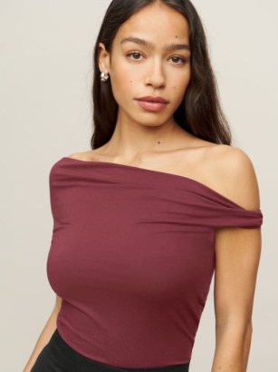 Reformation Cello Knit Top in Plum ~ fashion in autumn colours ~ contemporary off the shoulder tops ~ ruched detailing ~ asymmetrical neckline - flipped