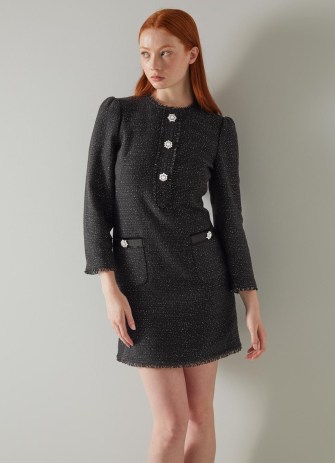 L.K. BENNETT Chelsea Black Sparkle Tweed Dress ~ chic metallic thread dresses ~ crystal embellished button detail