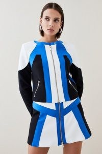 KAREN MILLEN Compact Stretch Colour Block Biker Jacket ~ women’s colourblock zip detail jackets