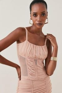 KAREN MILLEN Corset Detail Ruched Mesh Jersey Top Nude | pink sleeveless fitted bodice evening tops