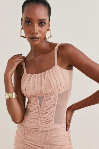 KAREN MILLEN Corset Detail Ruched Mesh Jersey Top Nude | pink sleeveless fitted bodice evening tops - flipped