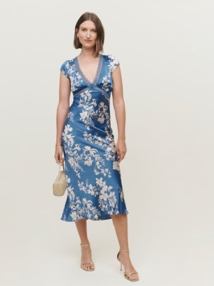 Reformation Coven Silk Dress in Cyanotype / blue floral cap sleeve lace detail dresses / V-neck with empired waist / fitted bodice with flowy skirt - flipped