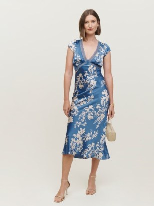 Reformation Coven Silk Dress in Cyanotype / blue floral cap sleeve lace detail dresses / V-neck with empired waist / fitted bodice with flowy skirt