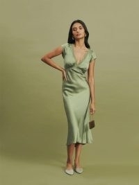 Reformation Coven Silk Dress in Artichoke | luxe green plunge front vintage style slip dresses