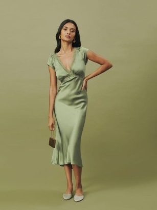 Reformation Coven Silk Dress in Artichoke | luxe green plunge front vintage style slip dresses - flipped