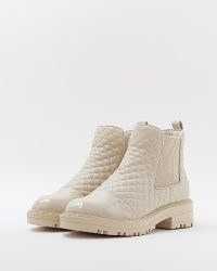 RIVER ISLAND CREAM QUILTED CHELSEA BOOTS ~ women’s chunky patent panel boots