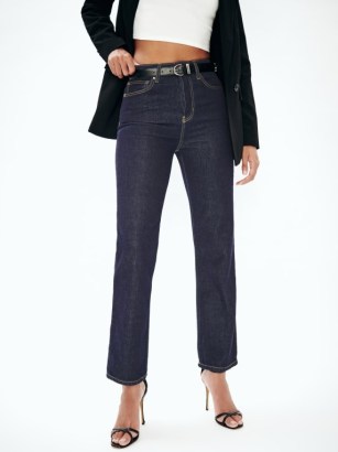Reformation Cynthia High Rise Straight Jeans in Rinse | women’s dark blue sustainable denim fashion