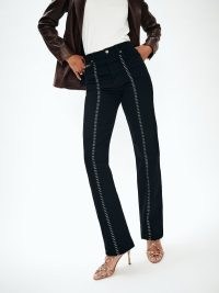 Reformation Cynthia High Rise Straight Long Jeans in Black Saddle Stitch ~ women’s stylish denim clothes