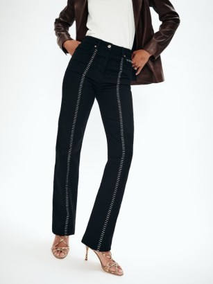 Reformation Cynthia High Rise Straight Long Jeans in Black Saddle Stitch ~ women’s stylish denim clothes - flipped