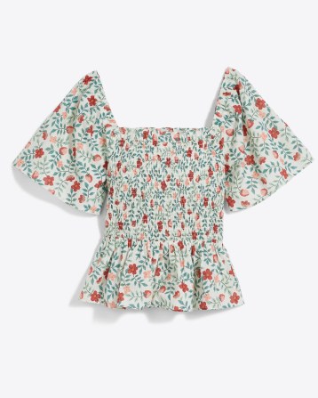 Draper James Deana Smocked Top in Strawberry Field ~ fruit and floral print peplum tops ~ short wide sleeves