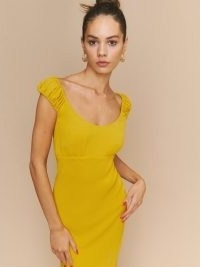 Reformation Demy Dress in Turmeric ~ romantic yellow cap sleeve evening dresses ~ scooped neckline ~ short ruched detail sleeves ~ empire waist