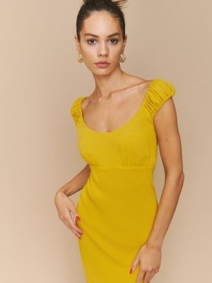 Reformation Demy Dress in Turmeric ~ romantic yellow cap sleeve evening dresses ~ scooped neckline ~ short ruched detail sleeves ~ empire waist - flipped