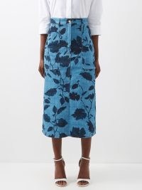 ERDEM Artie Legge leaves-print denim midi skirt in blue | floral tailored skirts with navy flowers