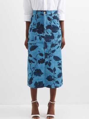 ERDEM Artie Legge leaves-print denim midi skirt in blue | floral tailored skirts with navy flowers - flipped