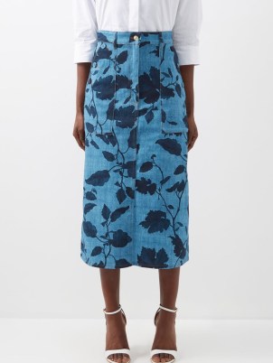 ERDEM Artie Legge leaves-print denim midi skirt in blue | floral tailored skirts with navy flowers
