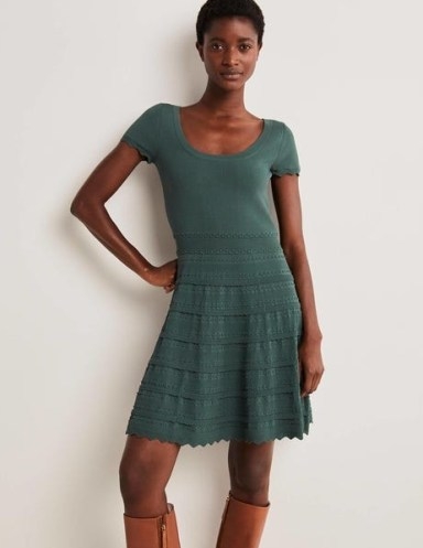 Boden Detail Knitted Mini Dress Trekking Green ~ women’s vintage style knitwear fashion ~ short sleeve scooped neck knit dresses - flipped