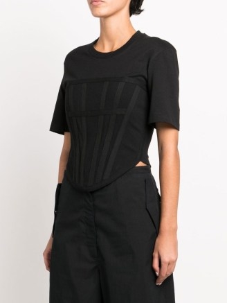 Dion Lee corset T-shirt in black | structured front curved hem cotton tee | women’s edgy designer T-shirts | FARFETCH