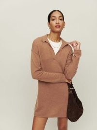 Reformation Doreen Cashmere Polo Dress in Camel ~ light brown luxury sweater dresses ~ luxe knitwear fashion ~ chic collared jumper dress